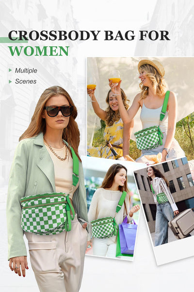 Women's Green Checkered Nylon Crossbody Bag with Wide Strap