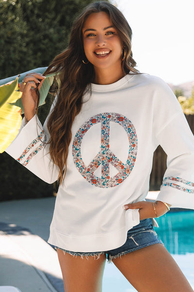 Women's Jet Stream Floral Peace Sign Graphic Tee with Drop Shoulder, Wide Sleeves, and Casual Fit for Everyday Wear made for easy styling and wardrobe