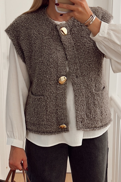 Women's Textured Bouclé Vest with Oversized Gold Buttons