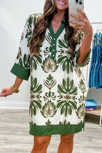Women's Green Floral Mini Dress with Color Block Trim & 3/4 Sleeves - Ideal for Casual Outings and Vacation Wear