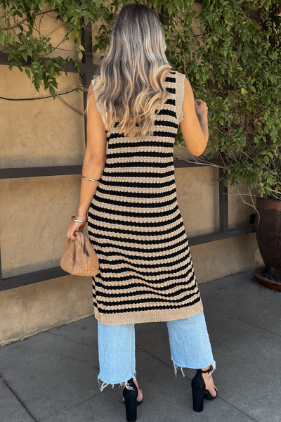Women's Parchment Striped Knit Midi Dress with Tortoise Buttons