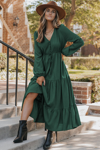 Elegant Blackish Green Tiered Maxi Dress for Women - Long Sleeve, Button V-Neck, Perfect for Special Occasions