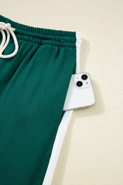 Women's Sea Green Pullover and Varsity Stripe Drawstring Pants Set - Comfy Casual Loungewear for Relaxed Style