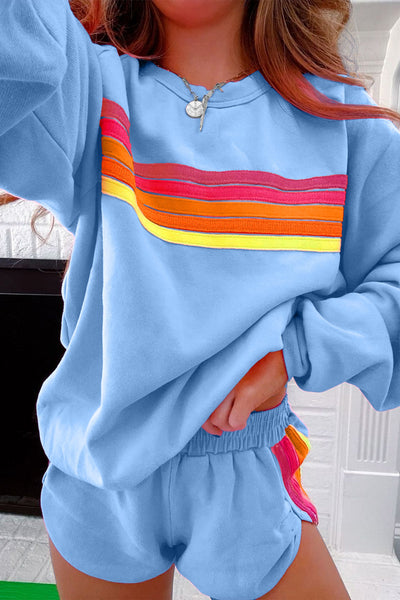 Chic Beau Blue Casual Two-Piece Set for Women - Trendy Pullover and Stylish Shorts with Fashionable Accents