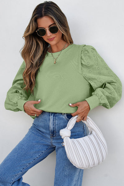 Casual Chic Women's Mist Green Solid Patchwork Sweatshirt - Long Sleeve Round Neck Top for Everyday Comfort