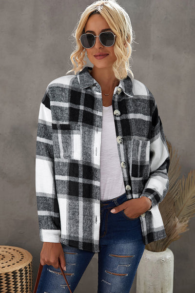 Women's Charcoal and White Plaid Button-Down Shacket
