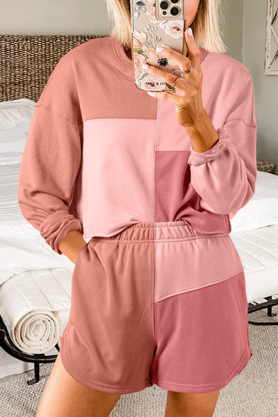 Women's Peach Colorblock Long Sleeve Shorts Set - Trendy Casual Summer Outfit for Comfort and Adventure