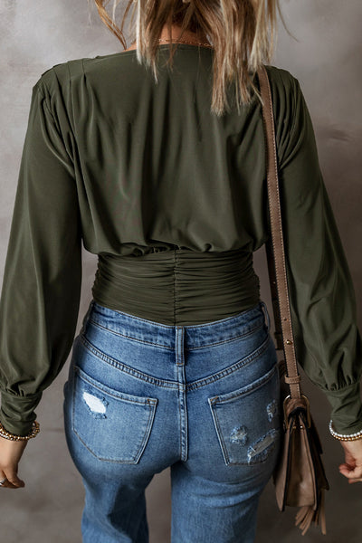 Moss Green Long Sleeve Ruched Wrap Bodysuit for Women - Chic, Comfortable Fit Perfect for Casual or Dressy Occasions