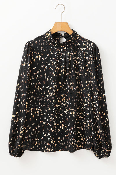 Elegant Black Leopard Print Pleated Blouse for Women with Lantern Sleeves and Stylish Mock Neck Design