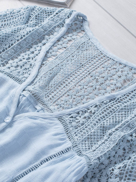 Whimsical Sky Blue Crochet Bell Sleeve Blouse