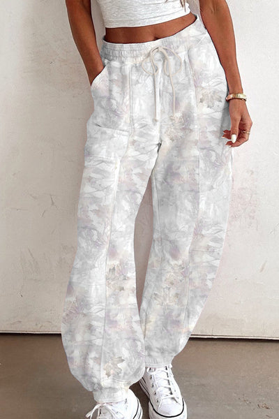 Women's Beige Camo Print Baggy Jogger Sweatpants with Drawstring for Effortless Comfort and Casual Style