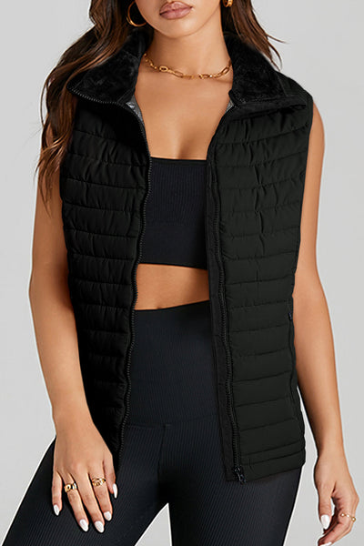 Cozy Women's Black Quilted Puffer Vest with Plush Collar and Zipper - Stylish Winter Outerwear for Cold Adventures