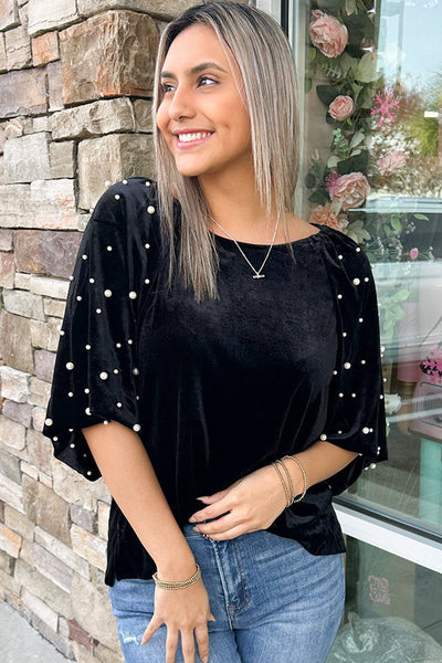 Chic Women's Black Velvet Top with Pearl Beading - Elegant Half Sleeve Design for Casual or Evening Events