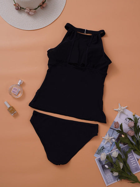 Women's Mesh Ruched Black High Neck Plunge Tankini Swimsuit