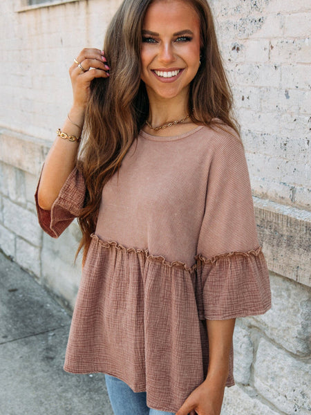 Ruffled Sleeve Colorblock Peplum Blouse
