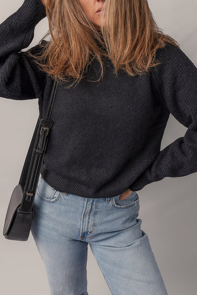 Stylish Women's Black Ribbed Knit High Neck Sweater with Cozy Raglan Sleeves - Ideal for Casual Chic Outfits