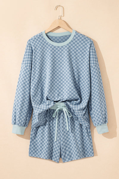Women's Sky Blue Checkerboard Long Sleeve Top and Shorts Set with practical styling and dependable silhouette control.