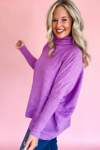 Stylish Women's Purple Orchid Ribbed Turtleneck Dolman Top - Long Sleeve, Comfortable Fit for Everyday Fashion
