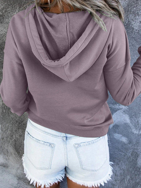 Drawstring V-Neck Hoodie with Front Pocket