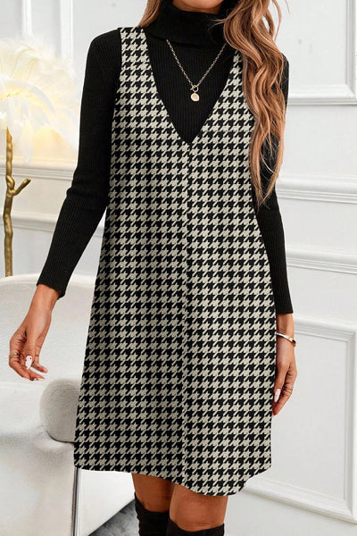 Khaki Houndstooth V-Neck Shift Dress for Women with practical styling and dependable silhouette control.