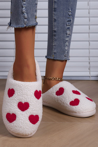 Women's Cozy White Heart Print Plush Slippers Cute and Comfy Valentine's Day Gift for Relaxing at Home