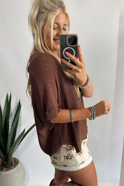 Cozy Women's Loose Coffee V-Neck Half Sleeve Sweater - Effortless Casual Style for Everyday Comfort