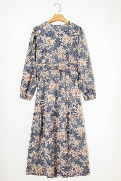 Women's Floral Long Sleeve Maxi Dress with Smocked Waist