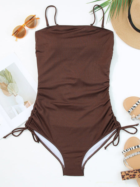 Ribbed Coffee Boho Drawstring Monokini Swimsuit