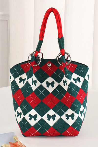 Women's Retro Argyle Bow Knit Bucket Bag in Fiery Red