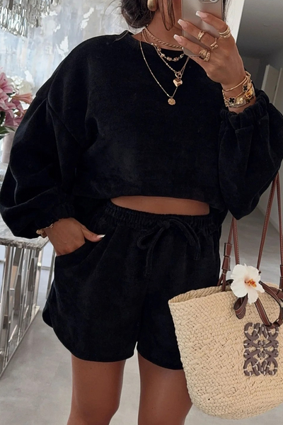 Women's Black Textured Knit Pullover & Drawstring Shorts Set - Casual Stylish Loungewear for Effortless Comfort