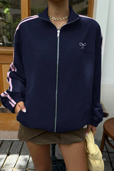 Women's Casual Dirty Blue Zip-Up Sweatshirt Jacket with Stylish Bow Embroidery - Perfect for Everyday Comfort