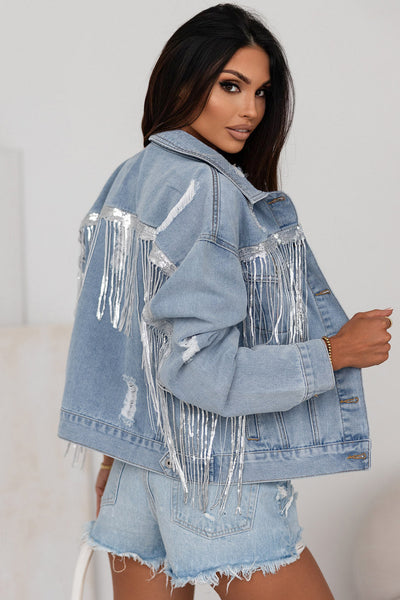 Women's Sky Blue Sequin Fringe Distressed Denim Jacket