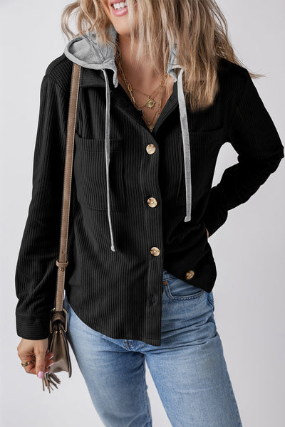Stylish Women's Black Corduroy Hooded Shacket with Drawstring and Pockets - Perfect Casual Layering for Every Season