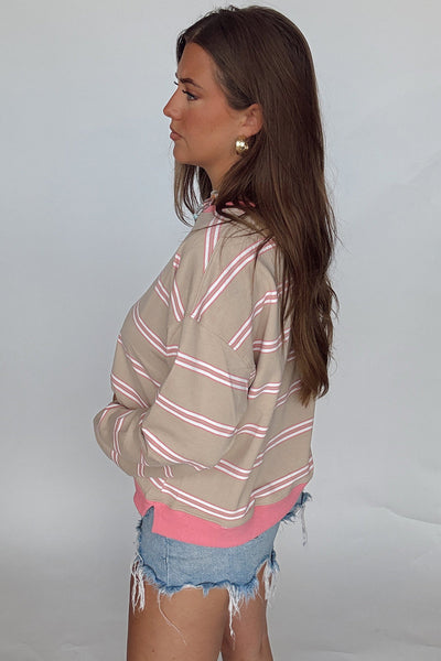 Women's Cozy Khaki Stripe Pullover Sweatshirt with Contrast Trim Relaxed Fit for Effortless Casual Style