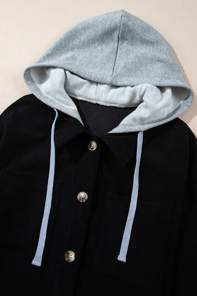 Stylish Women's Black Corduroy Hooded Shacket with Drawstring and Pockets - Perfect Casual Layering for Every Season