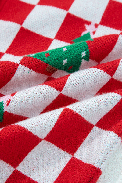Cozy Women's Red Checkered V-Neck Cardigan Sweater for Festive Holiday Style and Comfort