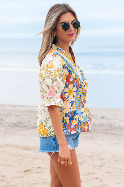 Women's Boho Floral Crochet Blouse in Multicolor with V-Neck and Half Sleeves for Effortless Chic Style