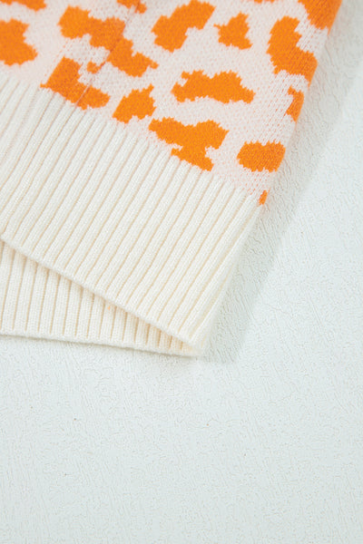 Cozy Women's Orange Leopard Print Chunky Knit Cardigan Sweater with Drop Shoulders for Stylish Fall Layering