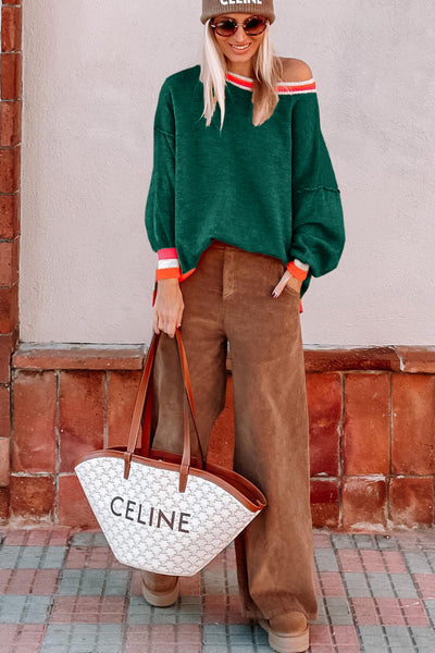 Cozy Women's Blackish Green Colorblock Striped Drop Shoulder Sweater - Stylish Layering Essential for Fall Fashion
