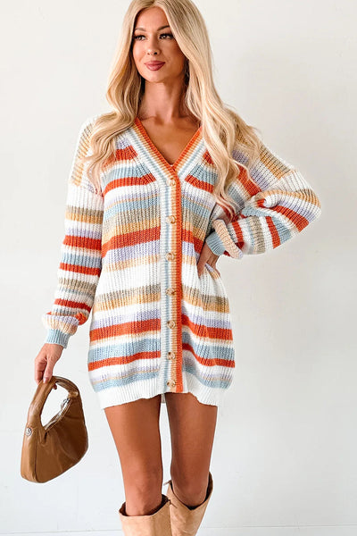 Women's Cozy Orange Striped V-Neck Cardigan Tunic Sweater - Stylish Layering Essential for Fall Fashion