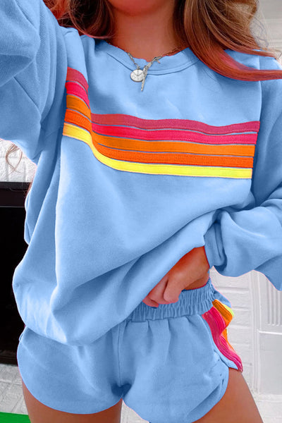 Chic Beau Blue Casual Two-Piece Set for Women - Trendy Pullover and Stylish Shorts with Fashionable Accents