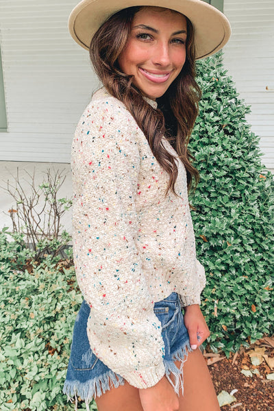 Trendy Women's Apricot Confetti Print Puff Sleeve Sweater - Cozy Fall Fashion Essential for Effortless Style