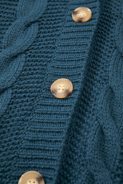 Cozy Women's Peacock Blue Cable Knit Cardigan with Button Front & Pockets - Chic Baggy Style for Casual Looks