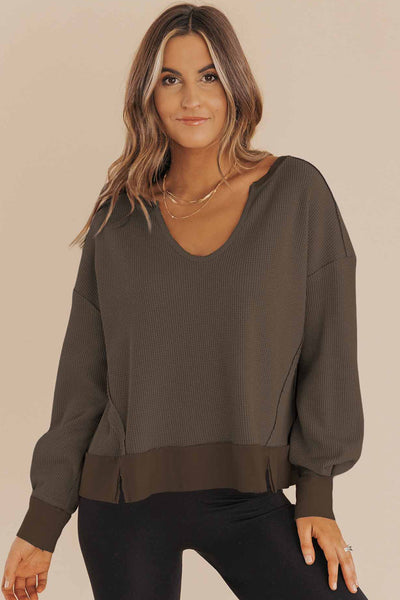 Women's Espresso Waffle Knit V-Neck Pullover with Drop Shoulders