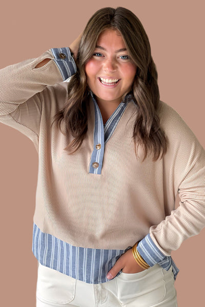 Plus Size Women's Stylish Long Sleeve Waffle Stripe Patchwork Shirt in Parchment - Comfortable and Trendy Fit