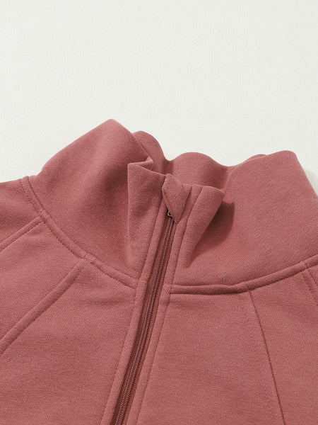 Cozy Brown Zip Up Sweatshirt with Stand Collar and Thumbhole Sleeves
