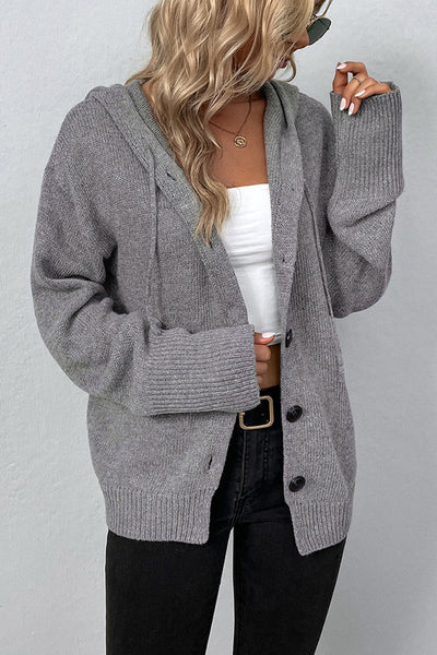 Cozy Women's Medium Grey Hooded Cardigan Sweater with Button-Up Closure and Drop Shoulders for Effortless Style