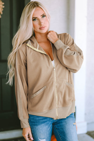 Plus Size Casual Coat, Women's Plus Colorblock Double Zip Up Long Sleeve Drawstring Nipped Waist Ruched Hooded Coat