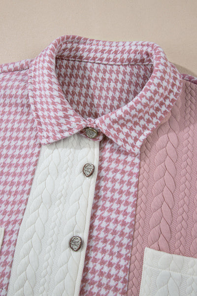 Trendy Women's Pink Houndstooth Patchwork Shacket - Relaxed Fit for Effortless Casual Chic Style