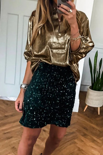 Women's Gold Metallic Split Neck Blouse with Half Sleeves